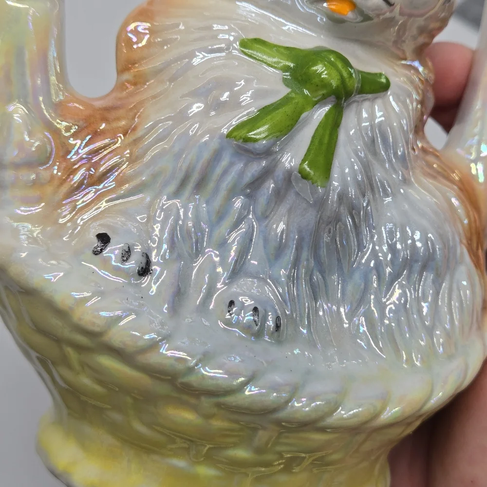 Vintage 1905 Lusterware Cat In Yellow‎ Basket Green Bow Made In Brazil Whimsical